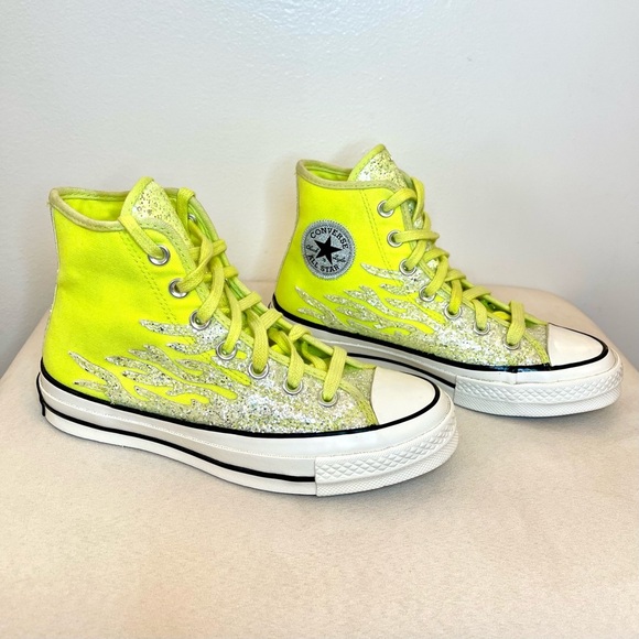 Converse Glitter Flame High Tops. Neon Yellow. Rare Mismatched Pair - Picture 1 of 11